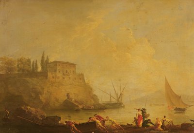 Paysage marin, coucher de soleil : pêcheurs poussant un bateau - Claude Joseph Vernet